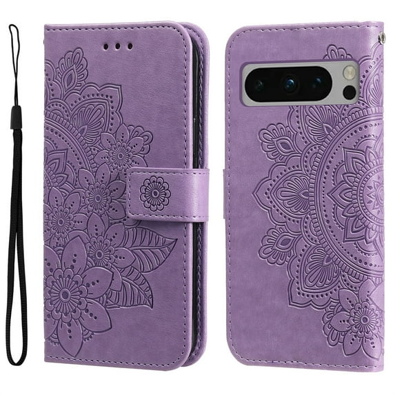 SaniMore for Google Pixel 8 Pro Case with Wrist Strap, Fashion Flower Embossing Design for Girls/Women, Dual Magnet Card Holder Wallet Cover Kickstand Shockproof for Google Pixel 8 Pro, Purple