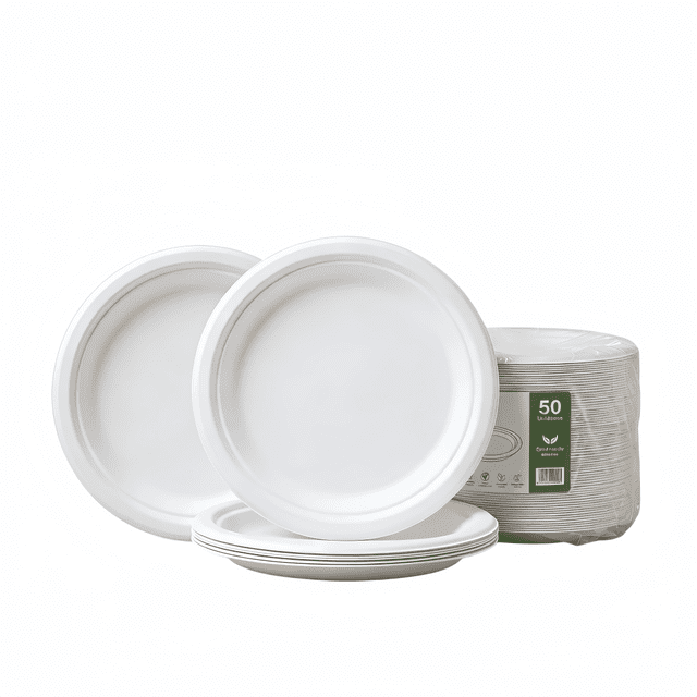 Platos Desechables Blancos 7/9 Pulgadas,100% Compostables | Hechos de Bagazo de Caña de Azúcar | Color Natural | Resistentes a Líquidos| Seguros | Ideales para Comidas al Aire Libre y Fiestas