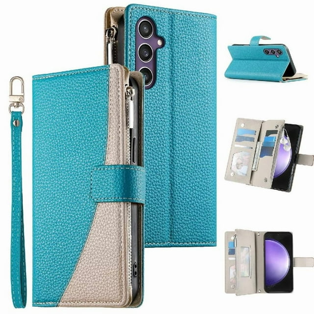 Funda cartera GANGXUN para Samsung Galaxy S23 FE , cuero PU con tarjetero, cremallera, correa de mano, soporte y protección 726°