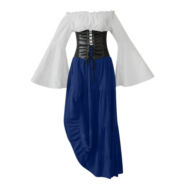Renaissance Costume Womens Medieval Chemise Dress Irish Over Dress Gothic  Vintage Long Dress Lace UP High Waist Gown Dress : : Clothing