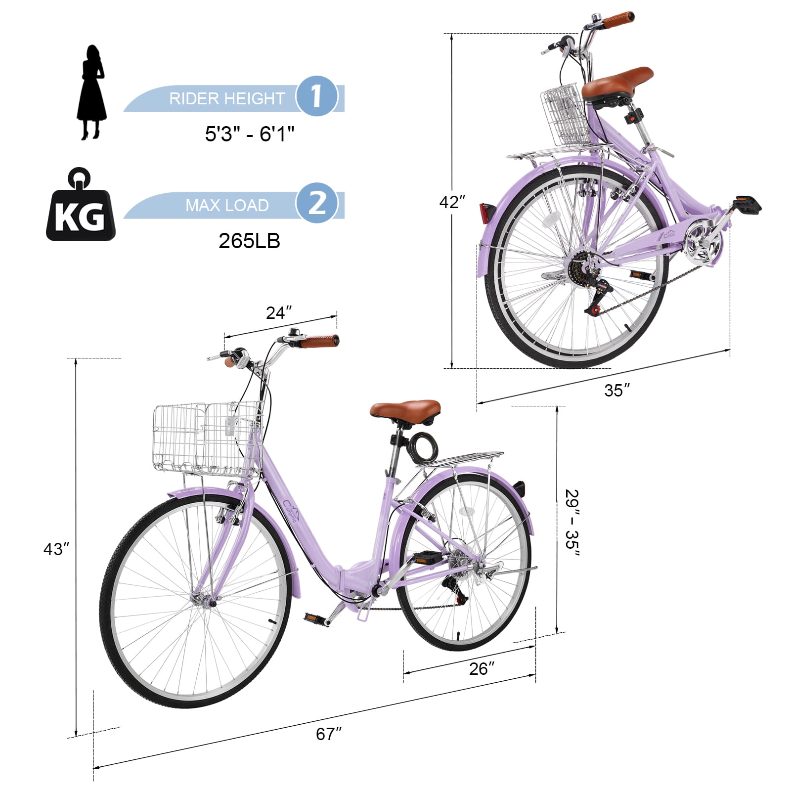 Ktaxon 26in Folding Beach Cruiser Bike for Women, 7-Speed City Commuter Bike with Lock, Basket & Rack, Purple