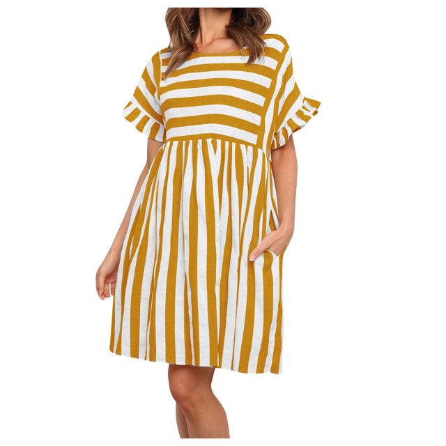 GYUJNB Robes d'Été Rayées à Manches Courtes pour Femmes Robes Décontractées Évasées avec Poche