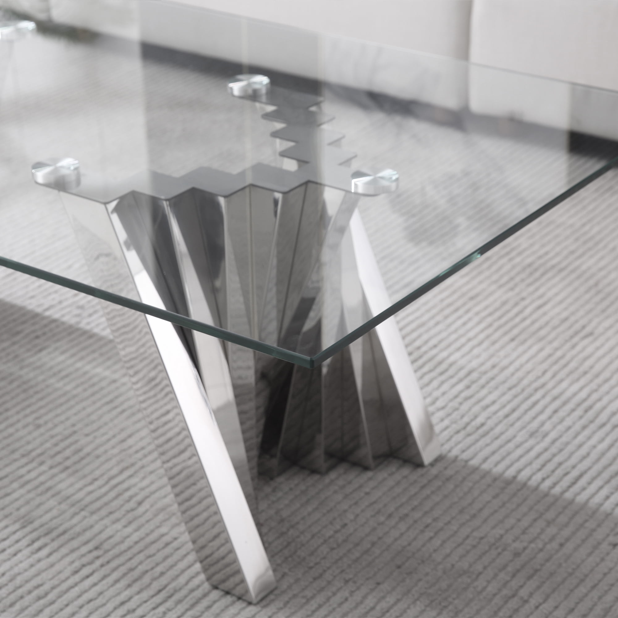 51" Glass Coffee Table with Rectangular Tempered Glass Top & Flash-Shaped Irregular Stainless Steel Base, Central Table, Cocktail Table, Tea Table for Living Room, Office.