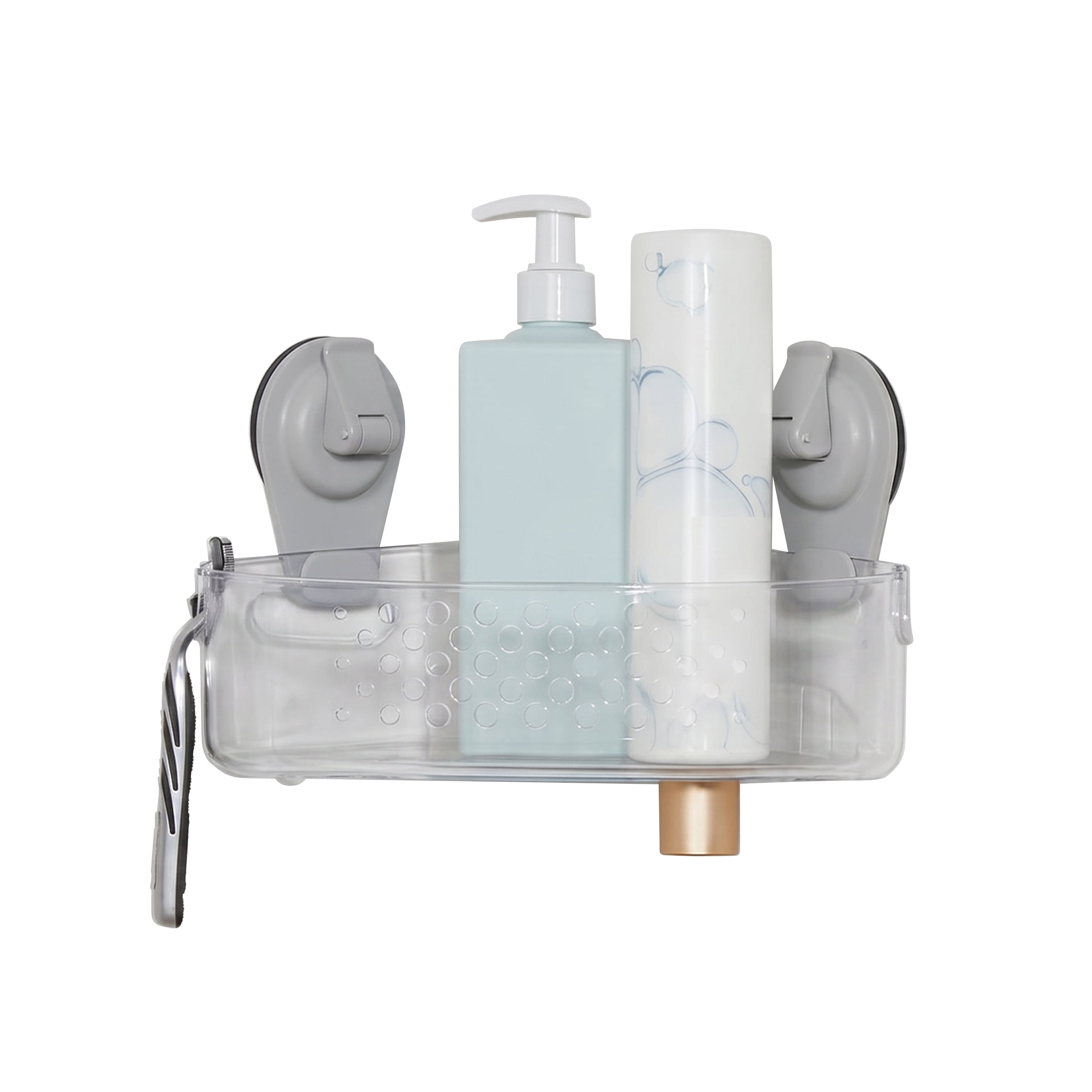 Mainstays Wall-Mounted Corner Suction Bath Basket, Easy to Install Shower Caddy, No Tools, Clear
