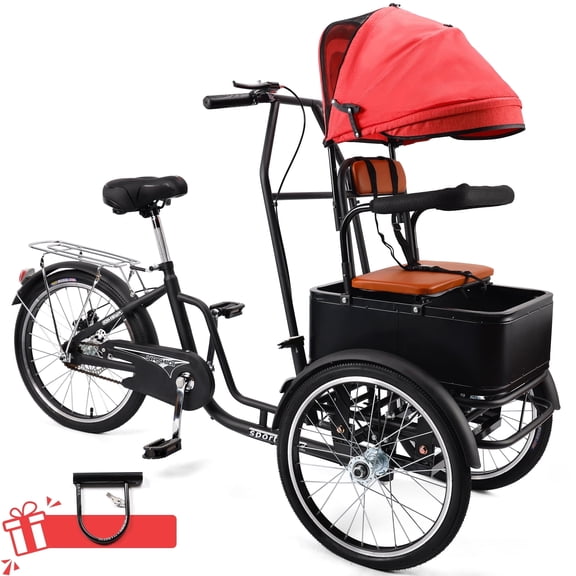 20 inch Adult Tricycle with Front Seat and Wood Cargo Rack, 3-Wheel Bicycle with Removable Canopy and Guardrail, Black