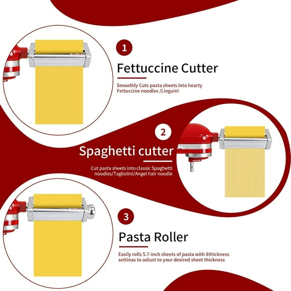 Pasta Attachment for Kitchenaid Stand Mixer, Pasta Maker Attachment Included Pasta Sheet Roller, Spaghetti Cutter and Fettuccine Cutter for Kitchenaid Pasta Attachment 3 Piece by