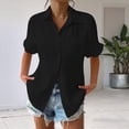 thumbnail image 4 of Camisa Estilo Boyfriend A Rayas Fruncidas para Mujer, Blusa Informal con Cuello Corto, Mangas , Botones y Bolsillo, Color Negro, Talla L, 4 of 7
