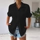 thumbnail image 4 of Camisa Estilo Boyfriend A Rayas Fruncidas para Mujer, Blusa Informal con Cuello Corto, Mangas , Botones y Bolsillo, Color Negro, Talla S, 4 of 7