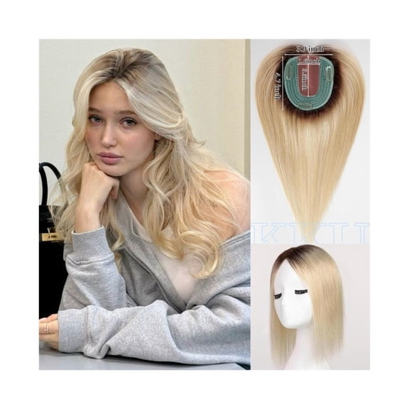 Straight Human Hair Toppers Breathable Silk Base Women's Topper with 3 Clip, 12" Ombre Blonde Middle Part Real Human Hair Topper Hair Piece for Women