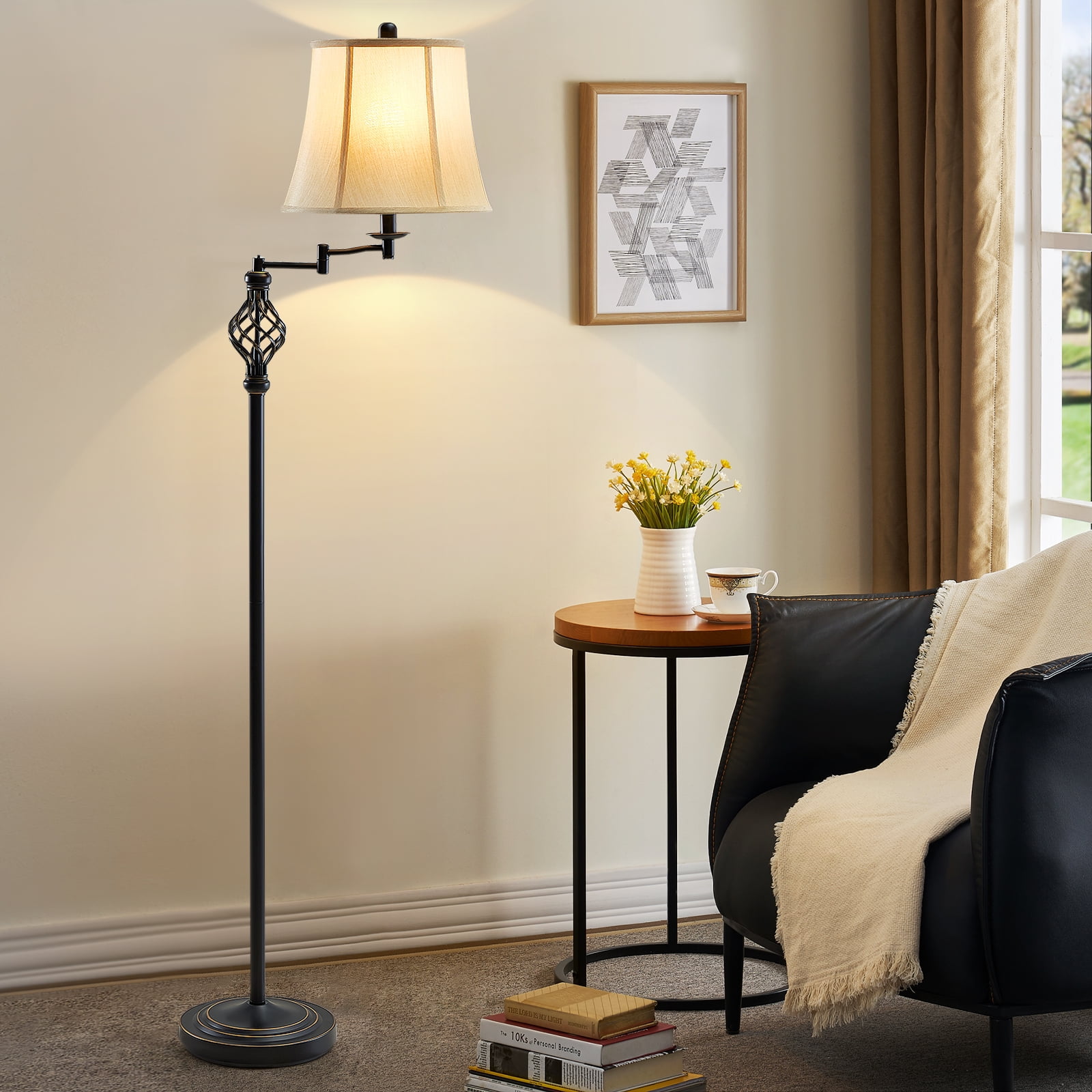NATYSWAN  Traditional 3 Color Temperature Floor Lamp with 350° Adjustable Swing Arm Lamp, Vintage Standing Pole Lamps for Living Room, Bedroom and Office