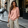 thumbnail image 5 of YuXingFu Women's Tops, Tees & Blouses V-Neck Pleated Ruffle Hem for Casual Pink S, 5 of 9