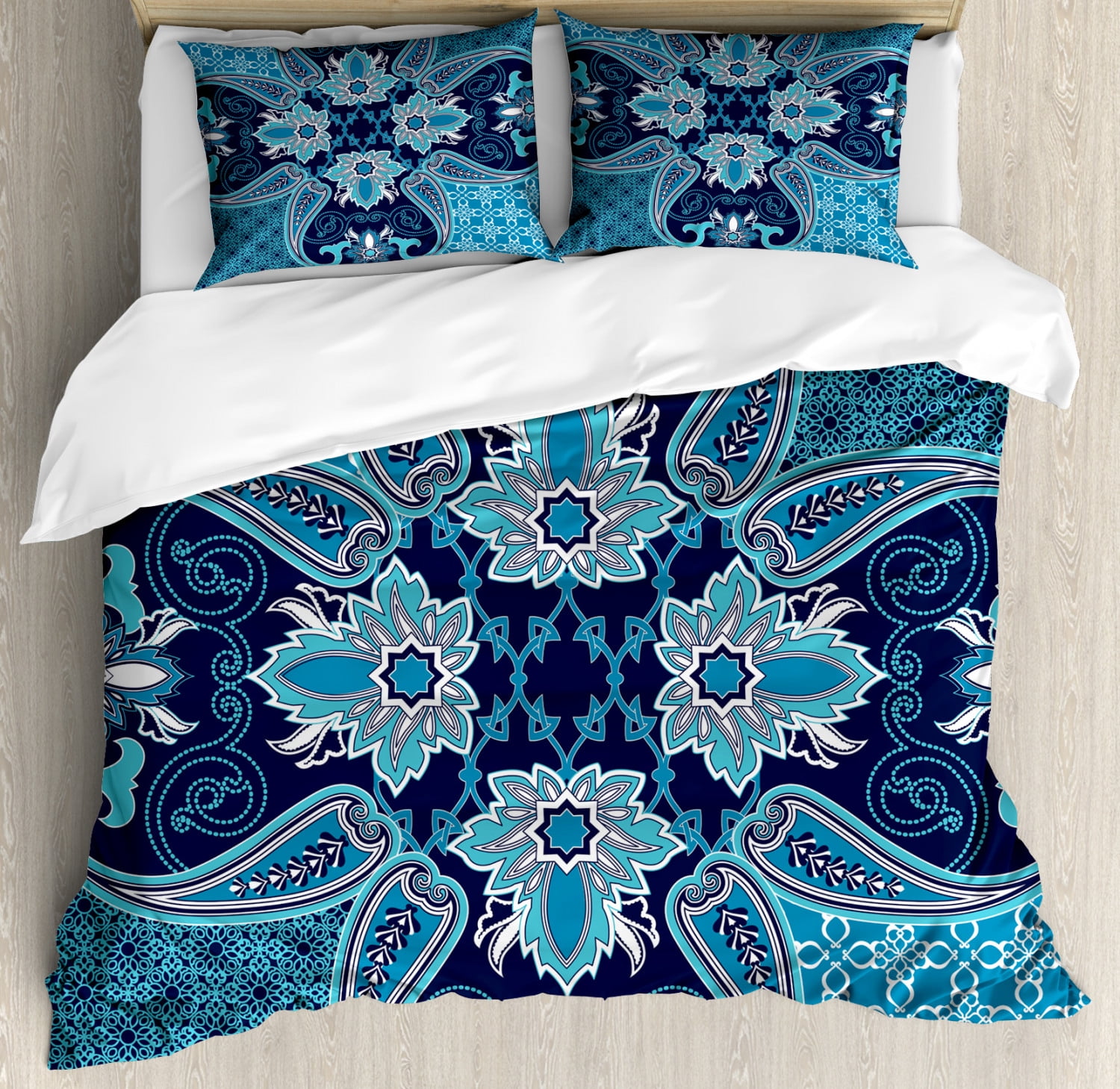 Navy Duvet Cover Set, Middle Eastern Oriental Persian Pattern with