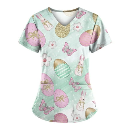 

Women s Holiday Scrub Tops Easter Working Uniform Tshirt Bunny Eggs Printed Short Sleeve V-Neck Pocket Comfy Blouses