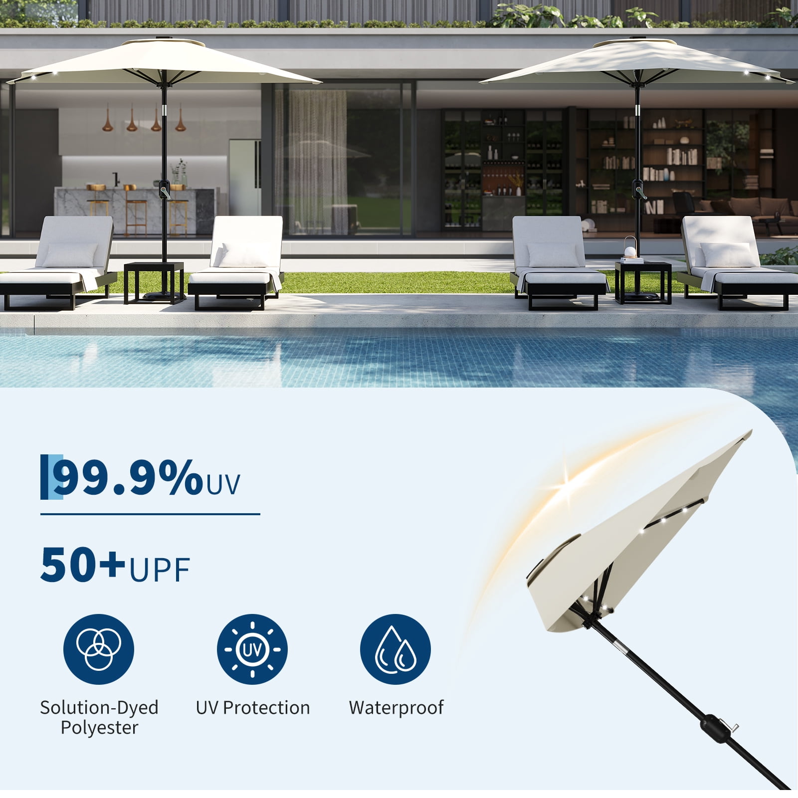 Patio Umbrella 9FT - Half Umbrella Outdoor with Solar LED Lights and Smooth Crank Lift, Outdoor Shade Canopy for Patio,Garden,Beige