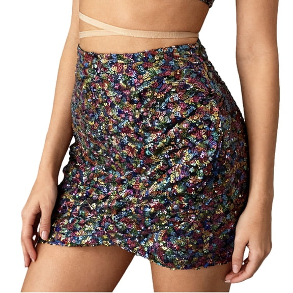 oqasdz Carnival Stylish Mini Skirts for Women Bodycon with Pleated Hem Fitted Sparkly Beaded Embellishments for Party Evening Wear