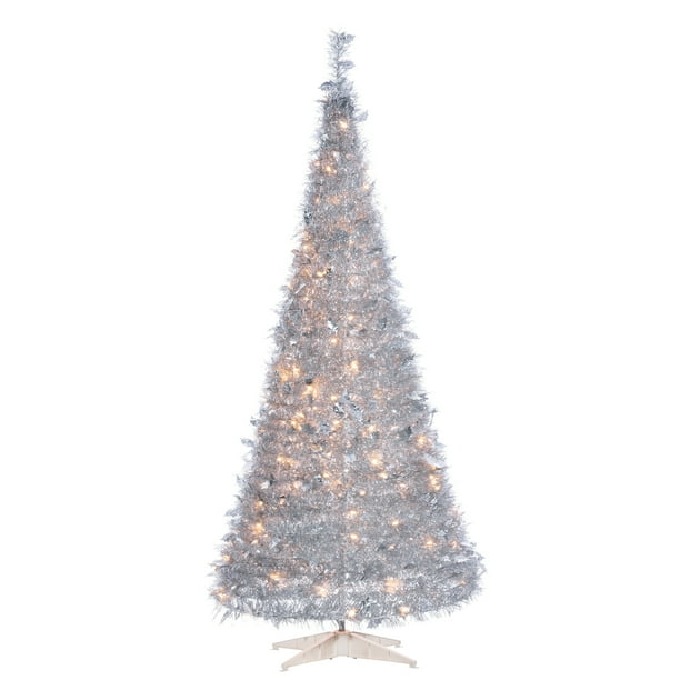 Gerson 6-Foot High Pop Up Pre-Lit Silver Tinsel Tree with Holy Leaves ...