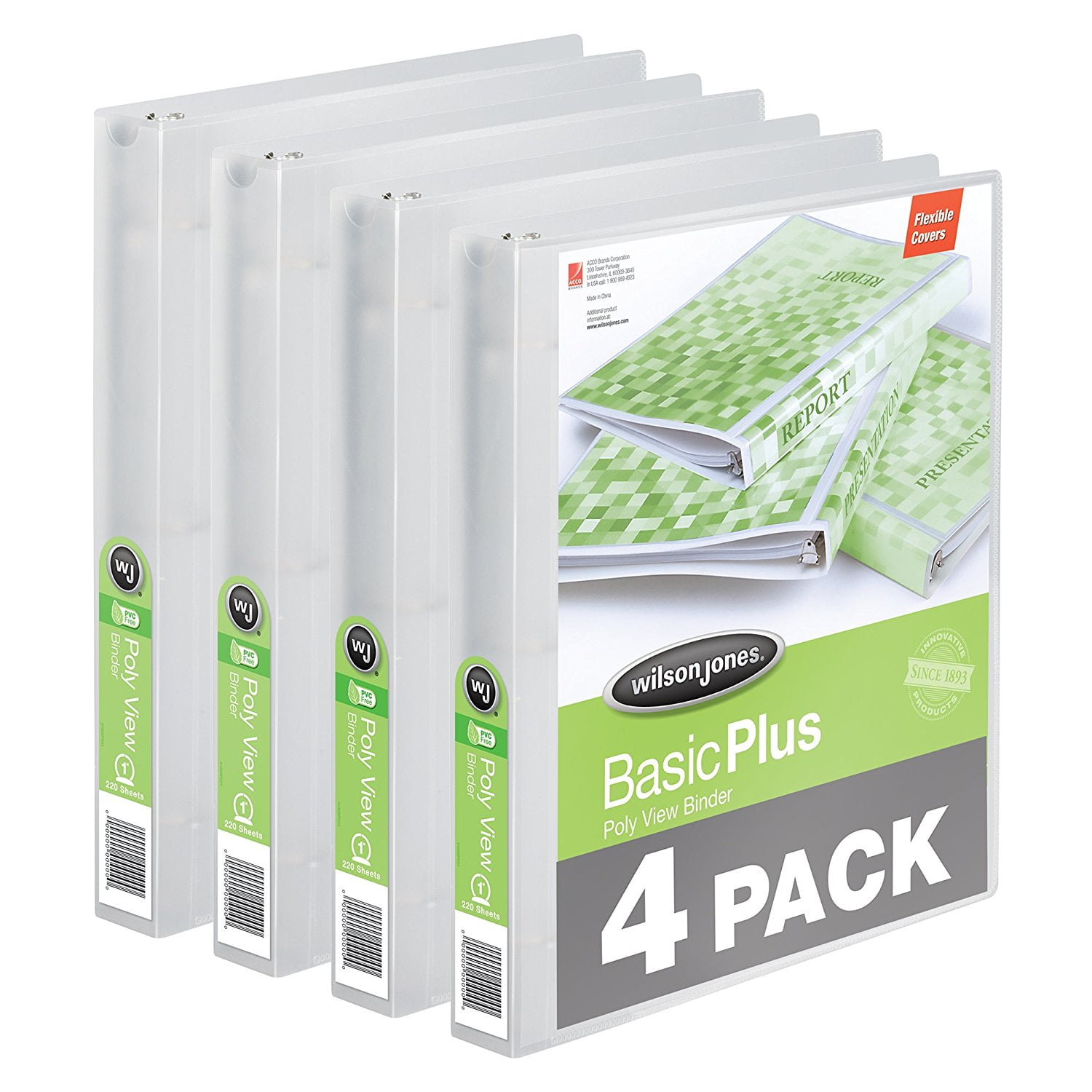 Poly Round Ring View Binder, 1", Customizable, Clear, 4Pack (A7043337PK), 4 pack binders; 175