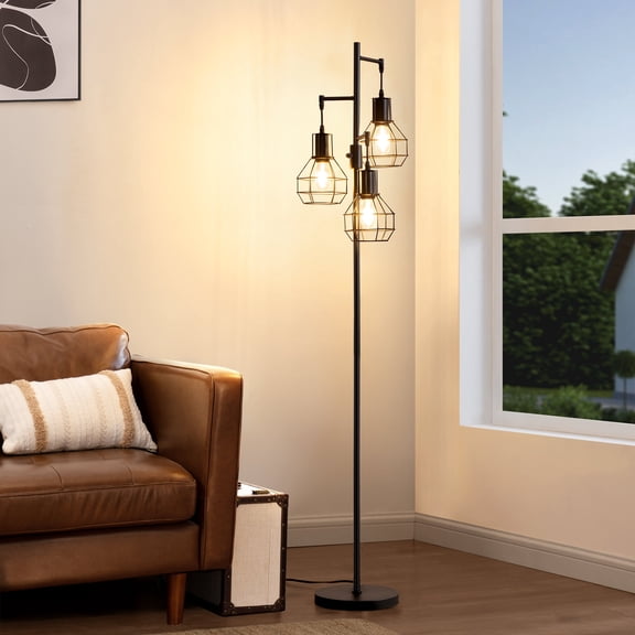 EDISHINE 65in Industrial Black Floor Lamps for Living Room, Dimmable, Metal Standing Tree Lamp for Bedroom, Office, 3 LED Bulb Included