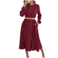 thumbnail image 2 of Gamivast Modest Dresses for Women Long Sleeve Round Neck Solid Pleated Dress High Waist Midi Dress With Belt A-Line Flowy Dress Church Work Office, 2 of 8