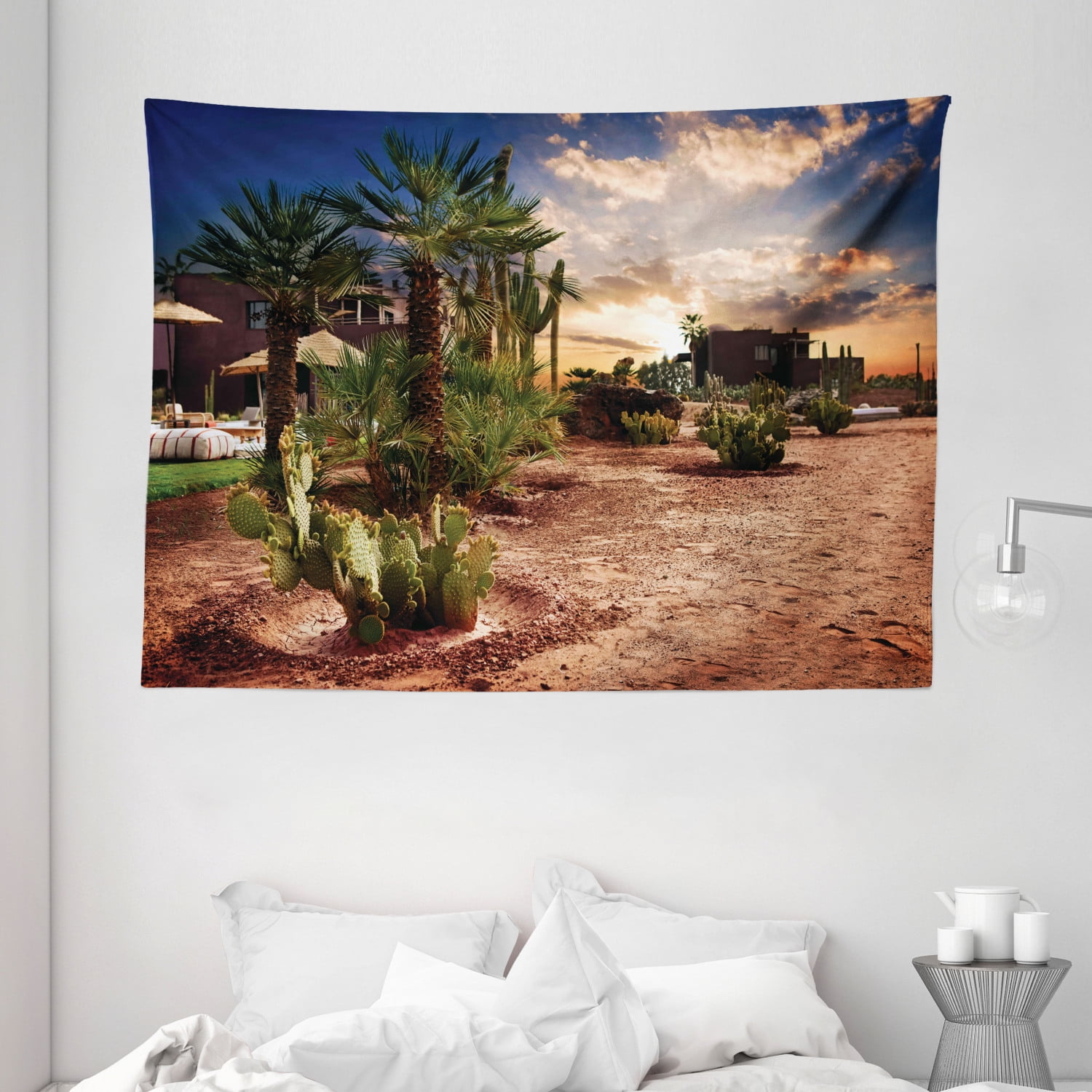 Desert Tapestry, Majestic Sky View Palm Trees and Cactus in Oasis