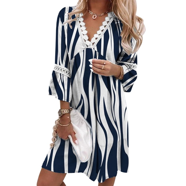 VISgogo Vestido suelto con cuello en V para mujer, bohemio 3/4 de manga larga con ribete de encaje, minivestido de playa fluido VISgogo moda