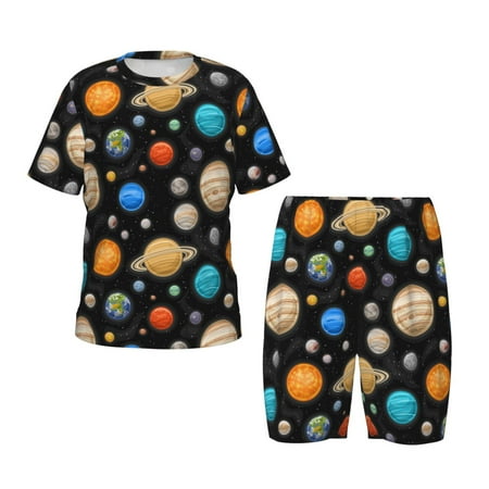 Luyuia Planets In Deep Space Print Girls  2-Piece Tie-Dye Pajama Set  Cute Summer Loungewear with Shirt and Tank Shorts Nightwear-Large
