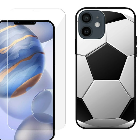 Slim-Fit Protective Phone Case (Black) compatible with iPhone 12 / iPhone 12 Pro, with Tempered Glass Screen Protector, by OneToughShield ® - Soccer