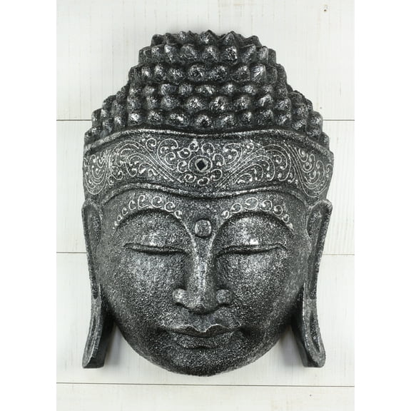 12" Wooden Wall Mask Serene Silver Buddha Head Statue Hand Carved Sculpture Handmade Figurine Gift Home Decor Accent Handcrafted Wall Hanging Decoration