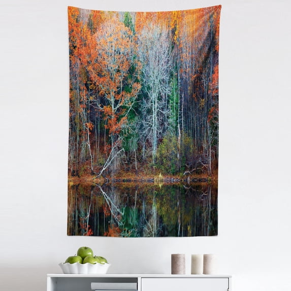 Fall Tapestry, Forest with Tree Reflections over the Lake Rural Forest Scenic Nature Concept, Fabric Wall Hanging Decor for Bedroom Living Room Dorm, 5 Sizes, Brown and Red, by Ambesonne