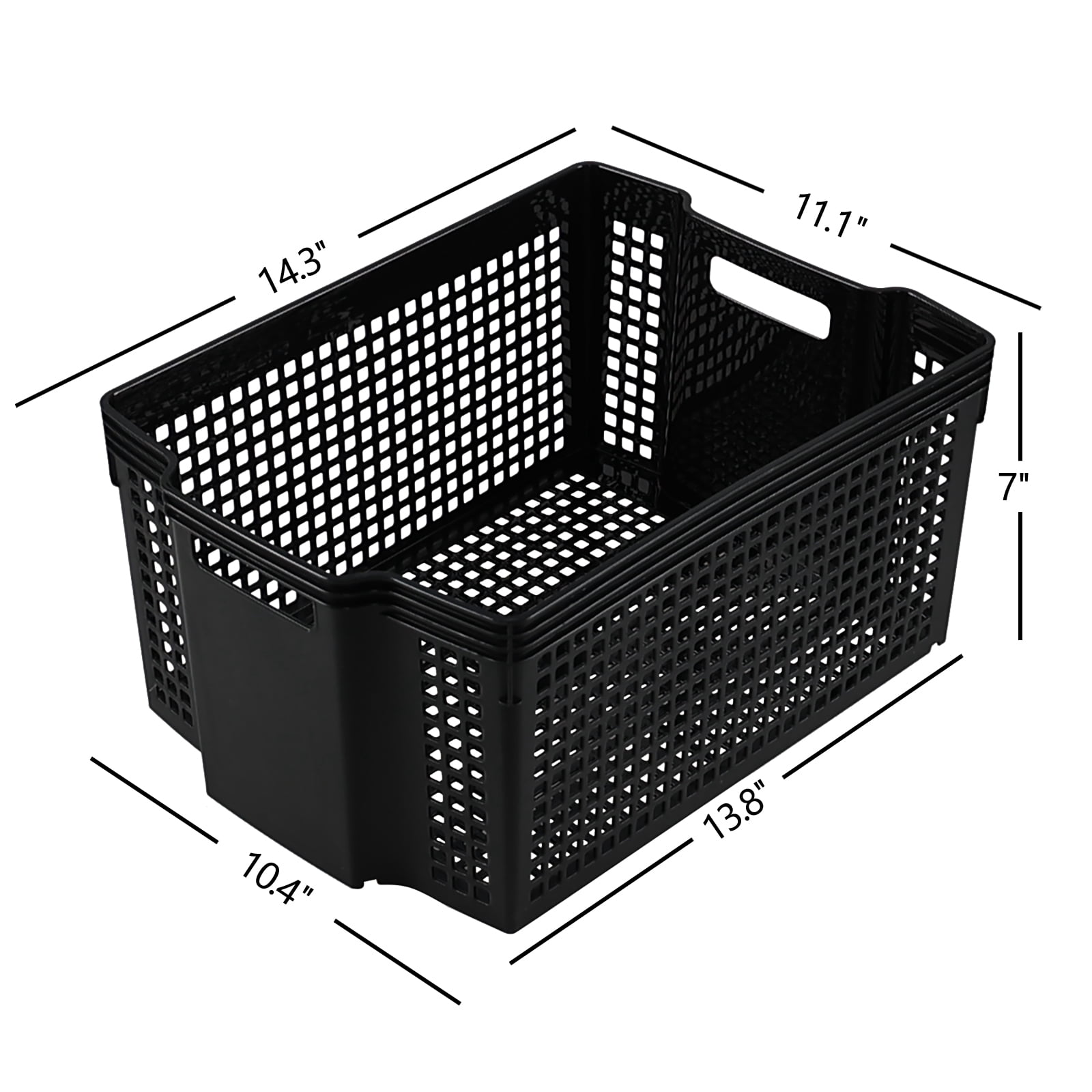 CadineUS 6-Pack Plastic Stackable Baskets with Handles, Rectangle Plastic Storage Basket, Black