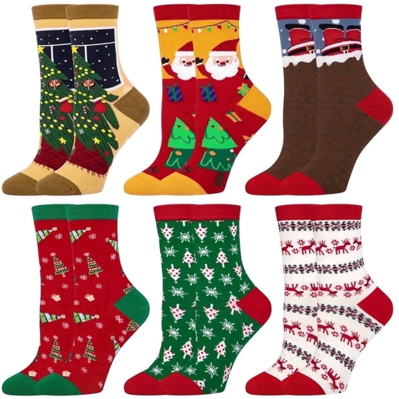 Loritta 6 Pairs Womens Crew Socks Cotton Novelty Holiday Socks Christmas Gift Ladies, Size 5-9