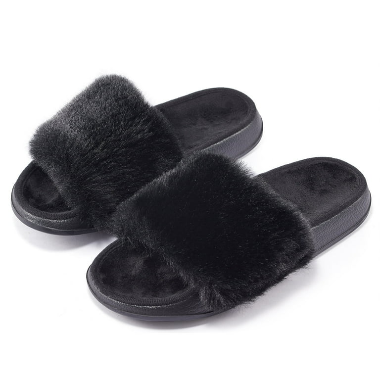 Puxowe Women Slides Faux Fur Fuzzy Slippers Indoor Outdoor Non