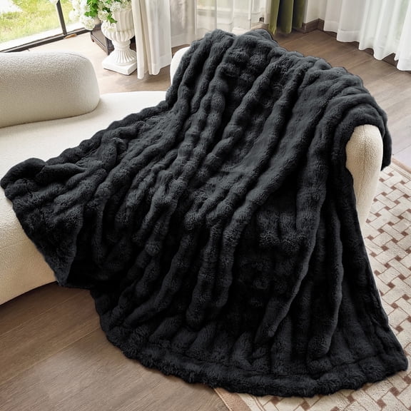 Parojati 90*90 Faux Fur Throw Blanket for Queen Size Bed - Extra Soft Fluffy Warm Bubble Design Blanket for Couch, Sofa and Versatile Use for Bedroom, Living Room, Farmhouse, Black