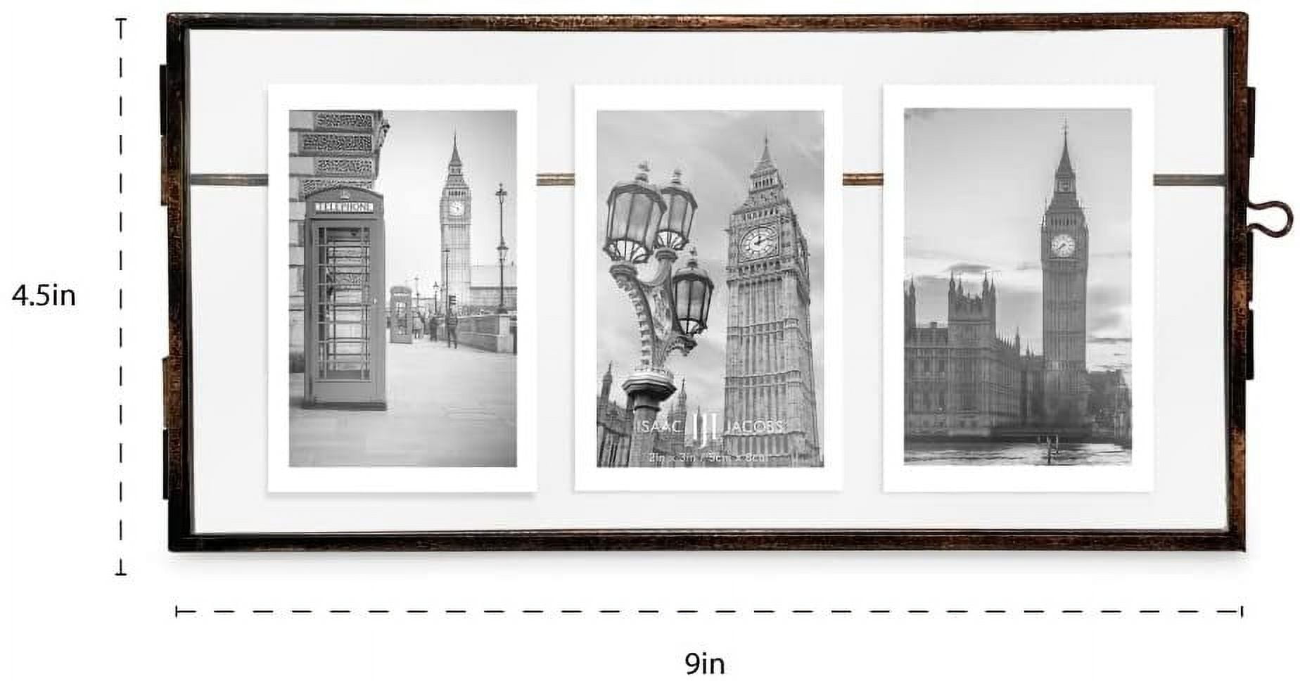 Isaac Jacobs 3-Photo Vintage Style Glass and Metal Floating Picture Frame Horizontal w/ Locket Closure; For Photos, Art, & More, Tabletop Display Three-2x3, Antique Bronze
