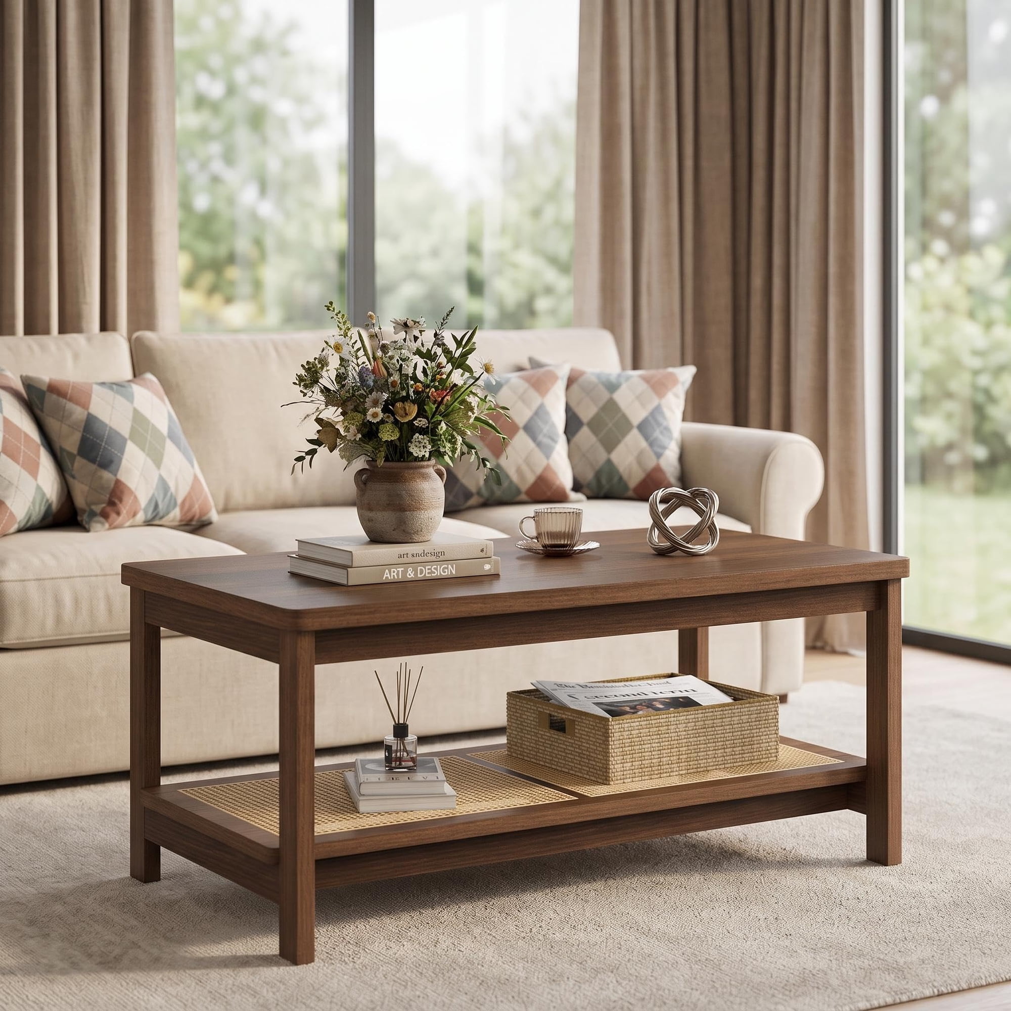 Mid-Century Boho 2-Tier Rectangular Coffee Table for Living Room - Wooden Center Table with Open Rattan Storage Shelf Space-Saving Accent Table Easy Assembly - Walnut