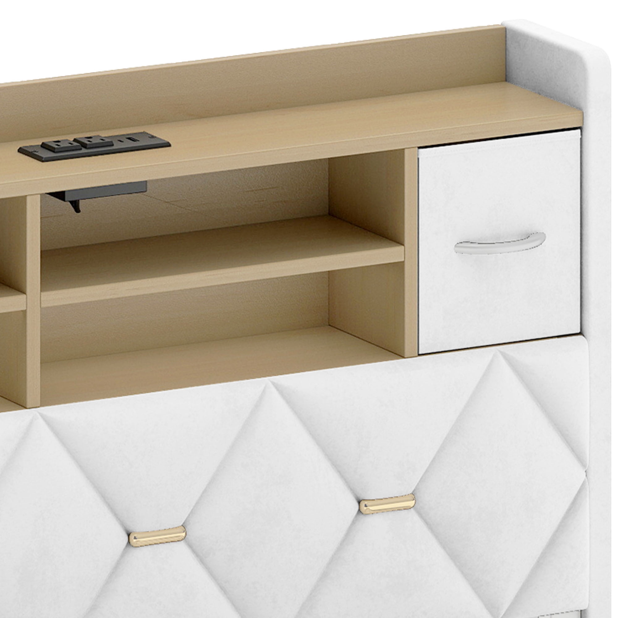 Uforic Full Size Bed Frame with Storage & Power Outlets, PU Leather Bed Frame with LED Lights, White