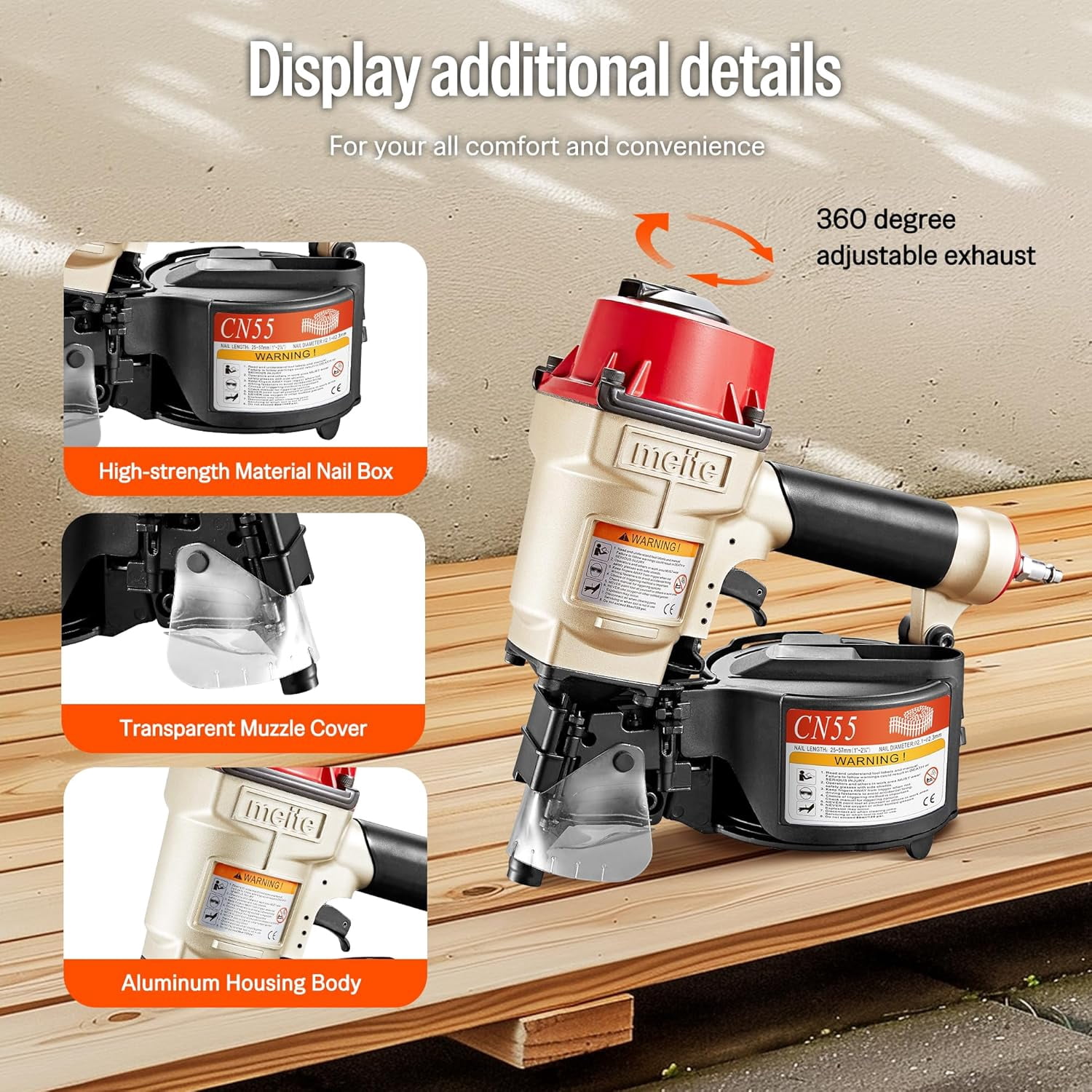 meite Pneumatic Coil Nail Gun CN55, Drives 15 Degree 1" to 2-1/4" Length Coil Nails, for Wooden Projects, Pallets, Siding, Fencing