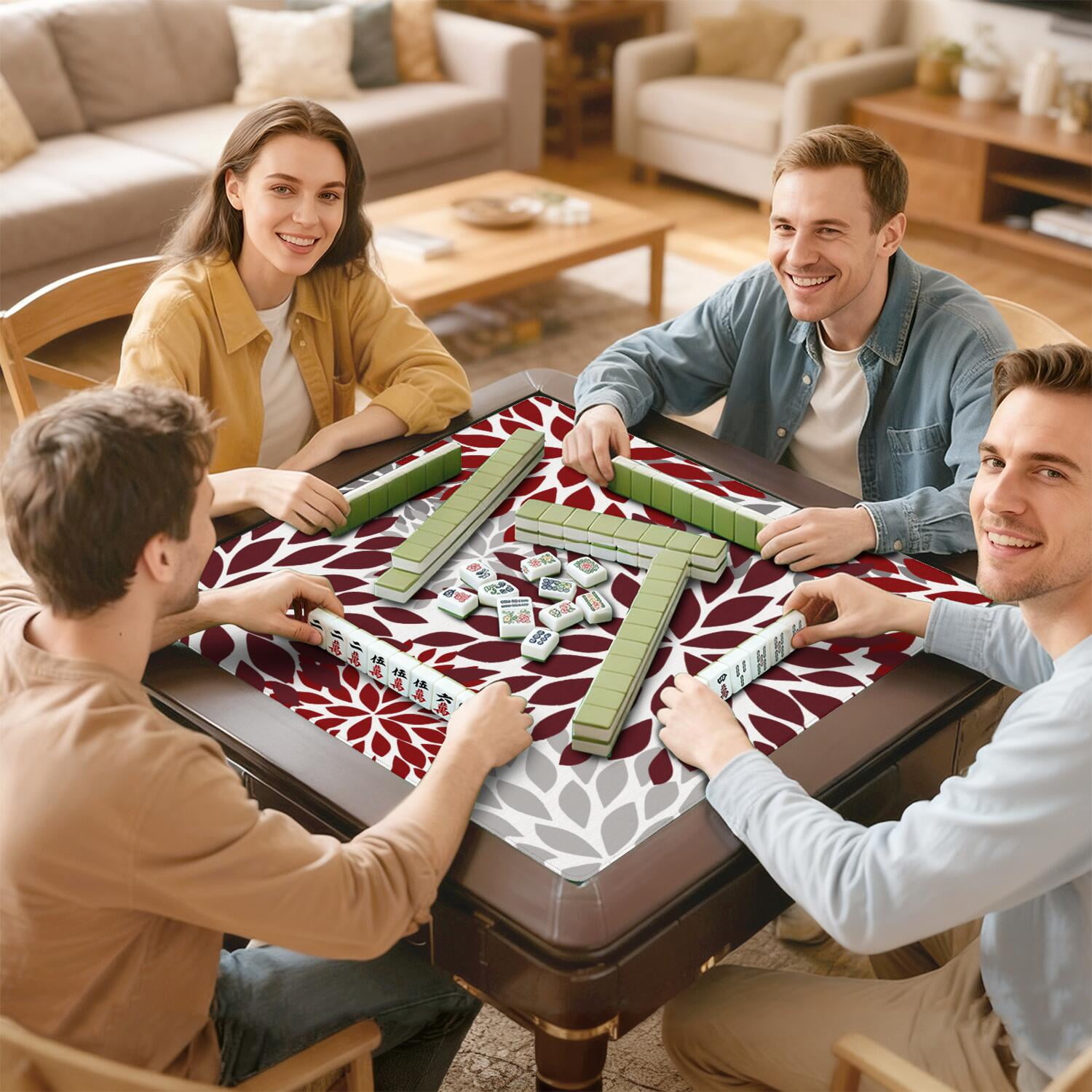 Traditional Boho Style Rubber Mahjong Table Cover 31.5x31.5 Inch Large Mat Features Non-Skid Bottom for Stability and Noise Reduction for Tiles and Games