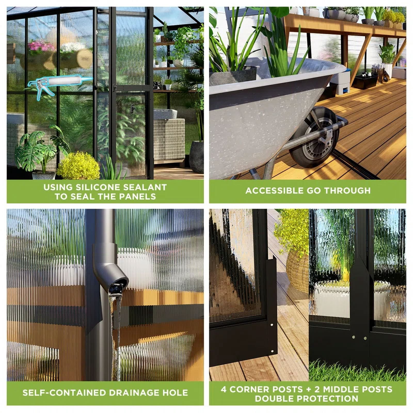 LUXOAK 8x10x7.5 ft Polycarbonate Greenhouse 2 Vents Double Swing Doors 5.2ft Added Wall Height, Black