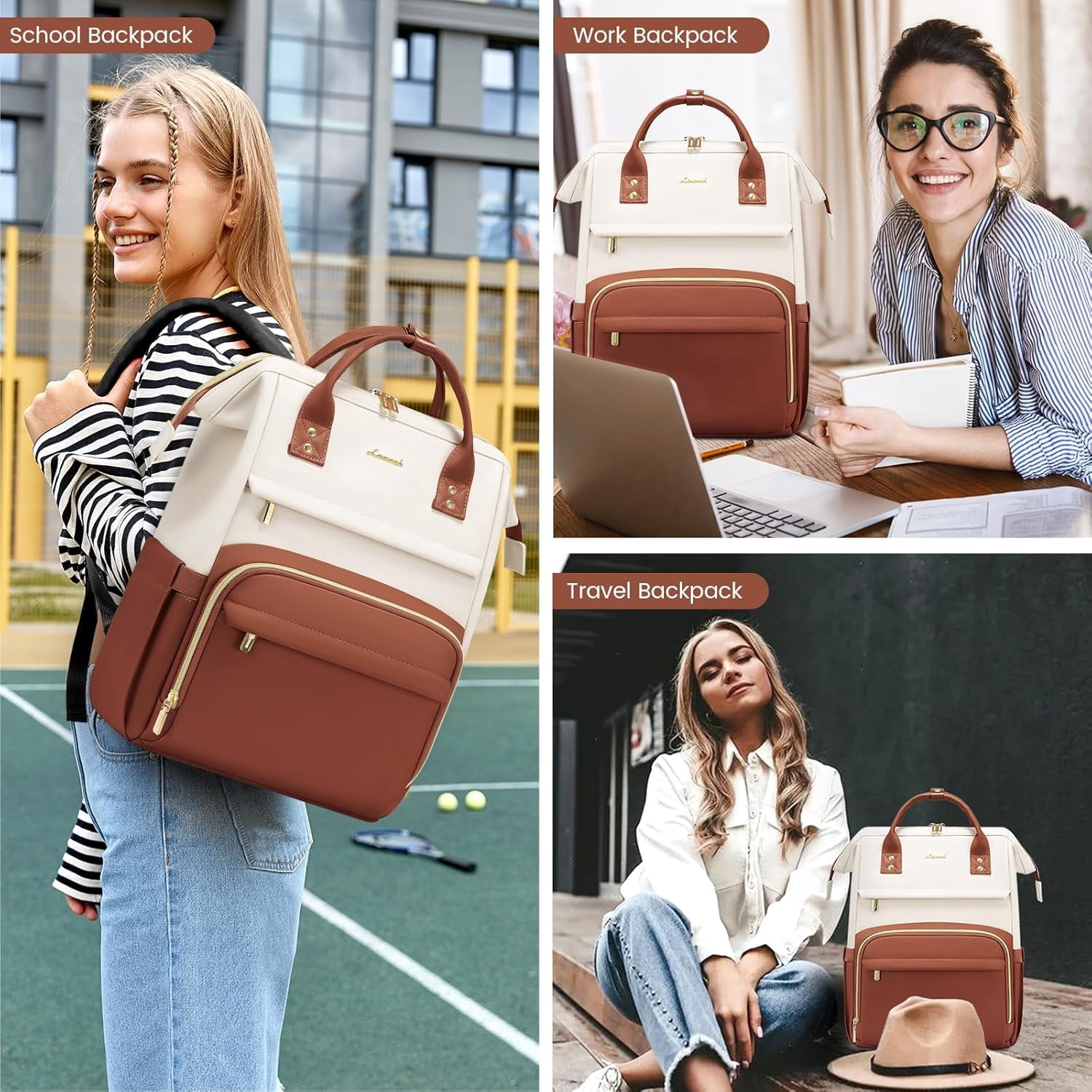 LOVEVOOK Leather Laptop Backpack for Women, 17 inch Professional Work & Travel Bag, Brown