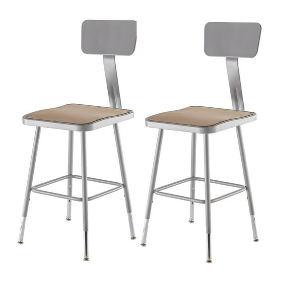 National Public Seating (2 Pack) NPS® 19"-27" Height Adjustable Heavy Duty Square Seat Steel Stool With Backrest, Grey