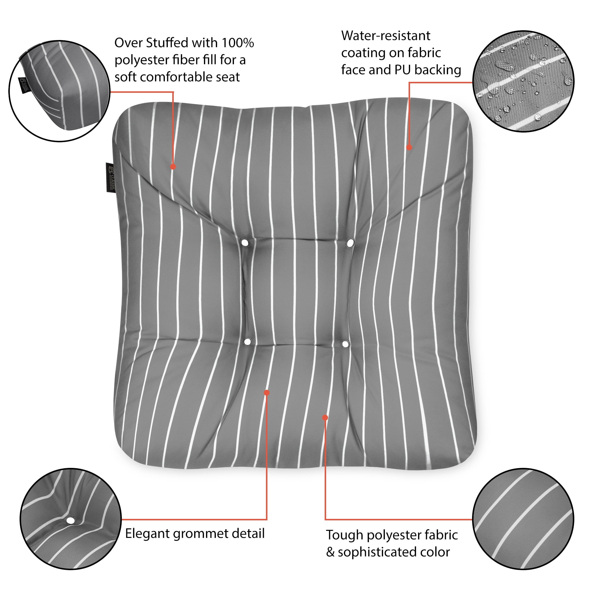 Classic Accessories Patio Seat Cushion, 2 Pack, Moon Mist, Stripe, 19"W