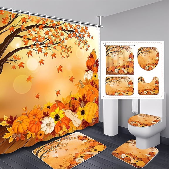 FRAMICS 16-Piece Fall Shower Curtain Sets with Rugs, Maple Leaves Pumpkin Bathroom Sets, Waterproof Fabric Bathroom Curtain Decor with Hooks