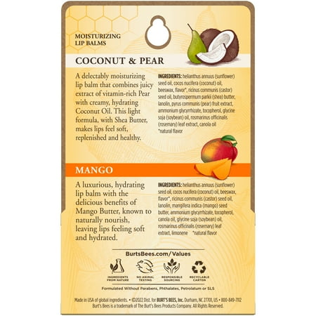 Burt's Bees 100% Natural Origin Lip Balm, Coconut & Pear and Mango, 2 Count