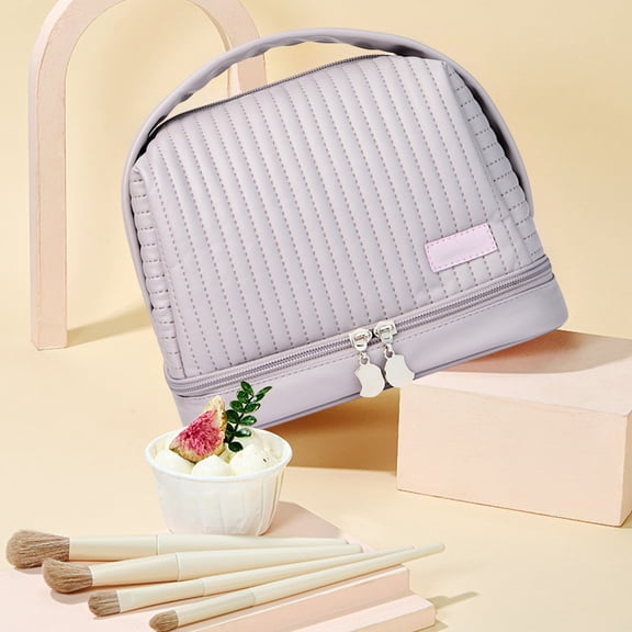 Waterproof Makeup Bag Travel Toiletry Organizer Wet Dry Separate Compartments Removable Brush Pouch PU Leather Cosmetic Storage Case for Women(Purple)