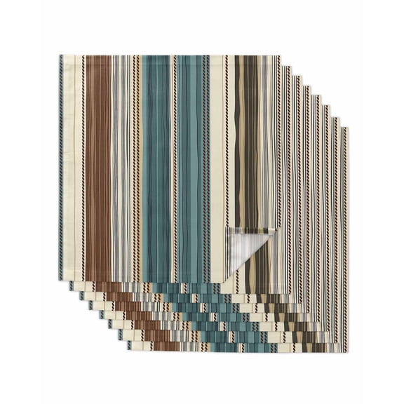 Teal Boho Stripes Cloth Napkins Washable Set of 8, Modern Bohemia Brown Beige Texture Reusable Dinner Table Napkins Cloth Bulk for Weddings Kitchen Restaurants Hotel Events Parties 20 x 20 Inch