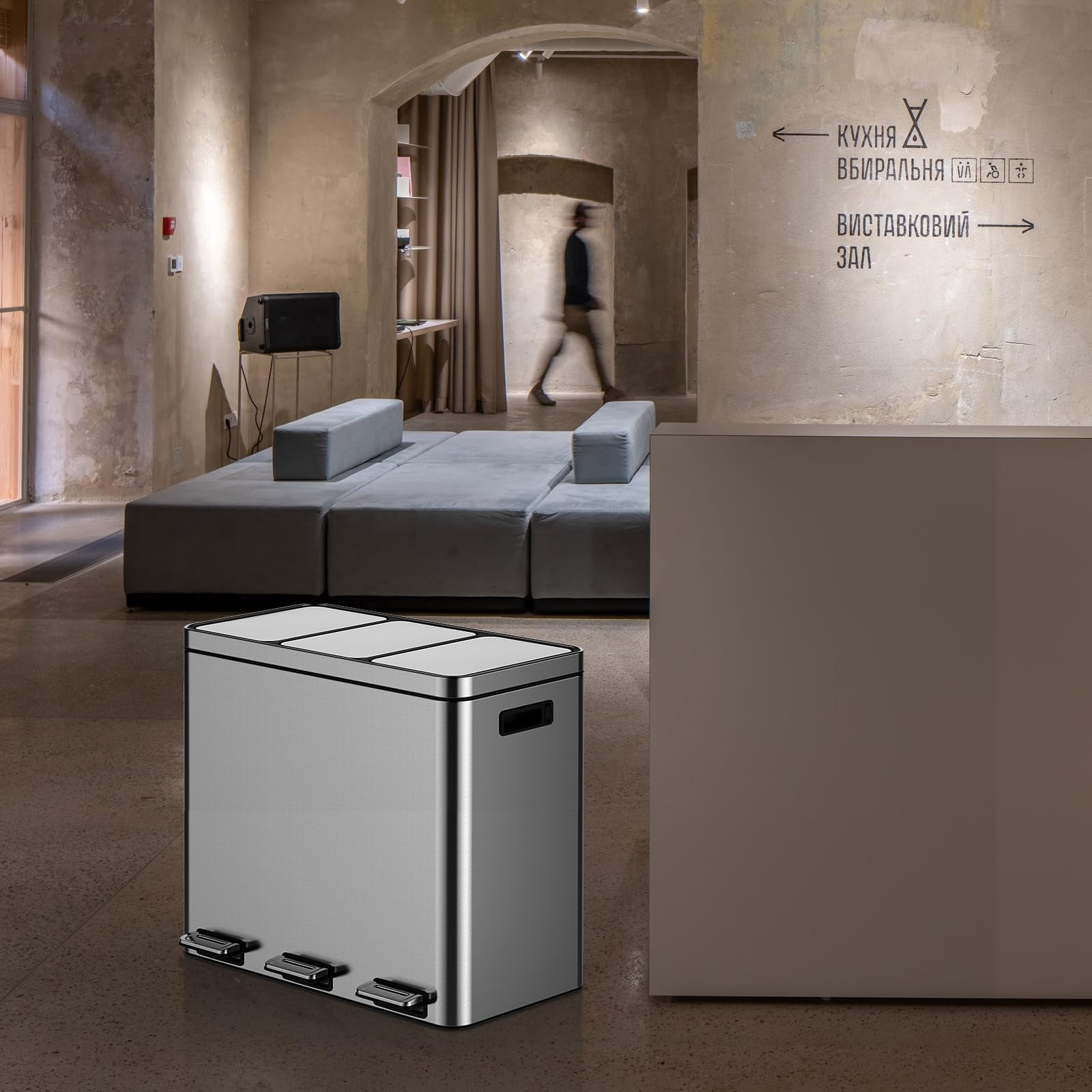 Dual Compartment Trash Can, Stainless Steel Kitchen Step Trash Can with Lids, Foot Pedals, Garbage and Recycle Bin Combo with Removable Buckets for Home Office