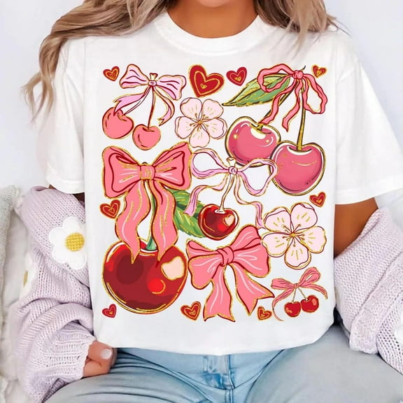 Boho Cherry Coquette T-shirt Sublimation Design, Preppy Cherries T-shirt, Boho Floral Berry T-shirt, Summer Cherry T-shirt