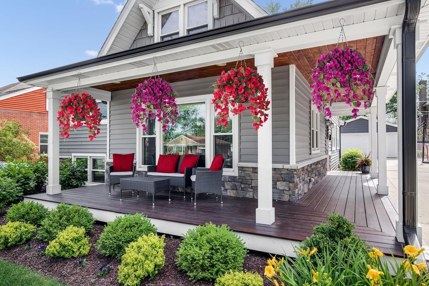 Artificial Fake Flowers Plants Hanging Baskets for Outdoor Porch Spring Decoration, Faux Silk Red Hibiscus Long Vines in Planter UV Resistant Realistic for Home Outside Balcony Patio Yard