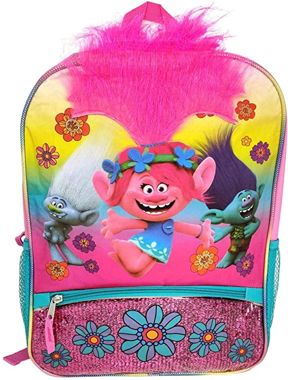 Poppy Trolls Backpack with Lunch Tote Set 16" School Bag Faux Hair 